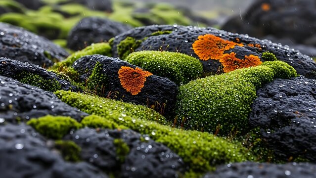 The image depicts a close-up view of rocks covered in moss and lichen. The main subjects are dark, possibly volcanic rocks, with patches of vibrant green moss and orange lichen growing on their surfac