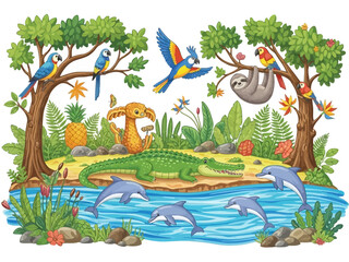 Obraz premium A colorful illustration of animals and plants in a tropical rainforest ecosystem