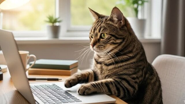 A adorable cat working on laptop and typing in a cozy indoor room. Working cat. 
