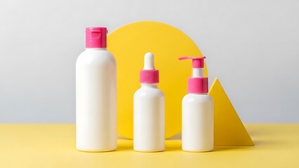 Three white cosmetic bottles with pink caps on yellow surface white bottles yellow background beauty products