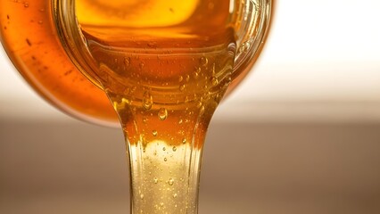 Viscous golden honey pouring from a glass container with air bubbles captured in the flow