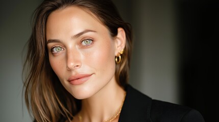 Obraz premium Beautiful woman with long brown hair and striking green eyes poses confidently in a stylish black outfit, showcasing elegance and charm in a soft-lit indoor setting