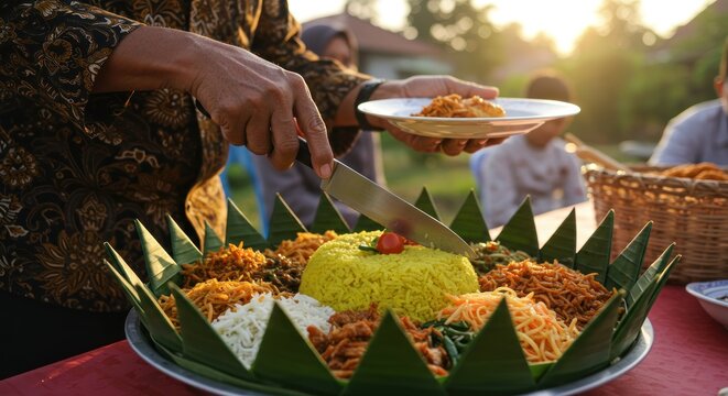 Nasi Tumpeng Celebration: Cutting into Indonesian Festive Rice Dish at Sunset