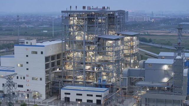 Industrial plant at night with illuminated complex structural framework and factory buildings
