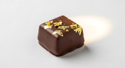 A single, delectable chocolate square with gold leaf flakes, placed on a white surface, showcasing elegant detail and presentation