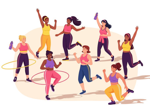 A group of women in various exercise poses with hula hoops and dumbbells in a colorful illustration