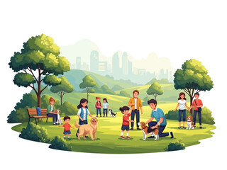 A group of people and their dogs playing in a park on a sunny day