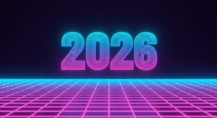Neon 2026: Retro Futuristic Grid with Gradient Text and Lighting.