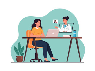 Fototapeta premium Woman and doctor sitting at desk with laptop and computer