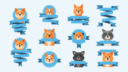 Collection of cute cartoon dog and raccoon avatars with blue ribbons