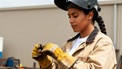 Focused female welder adjusting her protective gloves at an industrial site. A skilled tradeswoman in a helmet and work jacket prepares for her job. Women in non-traditional labor concept