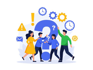 A group of people discussing and pondering a large question mark with various symbols around them