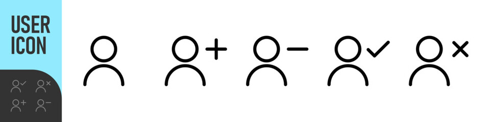 user icon set. Minimal user action icons showing add, remove, approve, and delete states - user profile icons for account management, UI, and system design