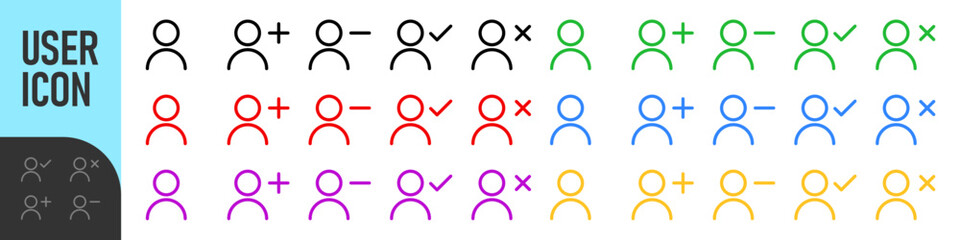 user icon set. Minimal user action icons showing add, remove, approve, and delete states - user profile icons for account management, UI, and system design