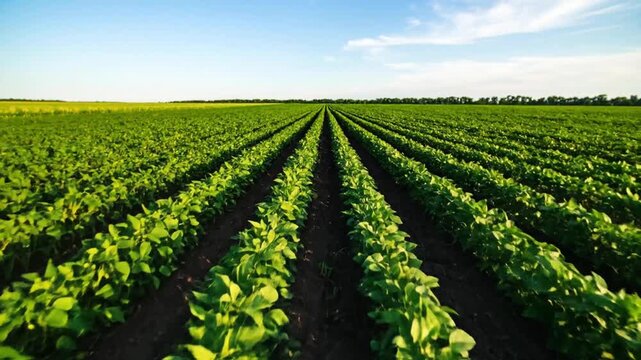 A vibrant field of young, green crops stretches to the horizon under a clear, blue sky