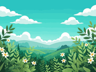 Obraz premium Beautiful landscape with green hills, white clouds, and flowers under a blue sky with a serene natural scenery