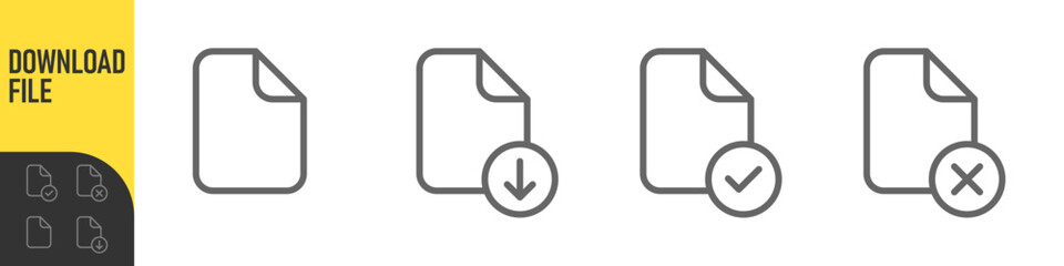 File document outline icons set: download file, import document, approved and rejected file symbols. Minimal line style UI UX icons for web, app and software interfaces