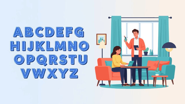 Alphabet letters displayed next to people working on laptops in a living room