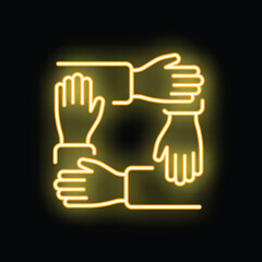 Fototapeta premium Four hands holding together showing teamwork in neon light style on a black background
