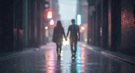 A blurry image of a couple walking down a rain-soaked urban alleyway at night, hand in hand. Lights glow