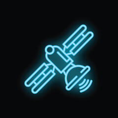 Obraz premium Glowing blue neon satellite transmitting signal in space exploration concept