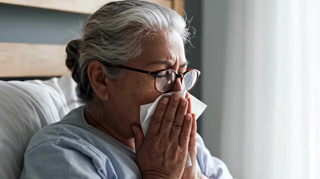 Sick senior woman blowing her nose with a tissue in bed. Elderly lady suffering from a cold, flu, or allergies at home. Senior healthcare concept