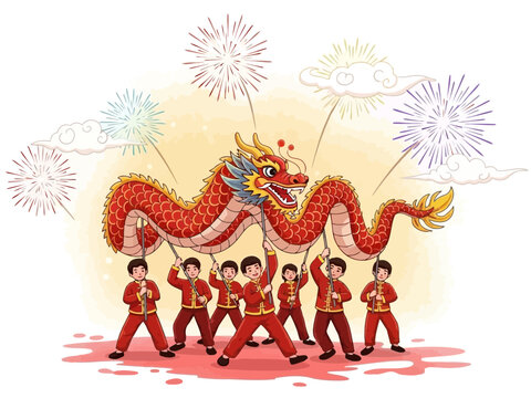 Chinese dragon with fireworks and people in traditional costumes