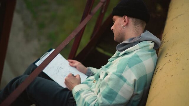leaning against pillar sketching white male cartographer with clipboard, focused expression, beanie and flannel jacket, beams and yellow structure framing scene, overcast light, topographic notes