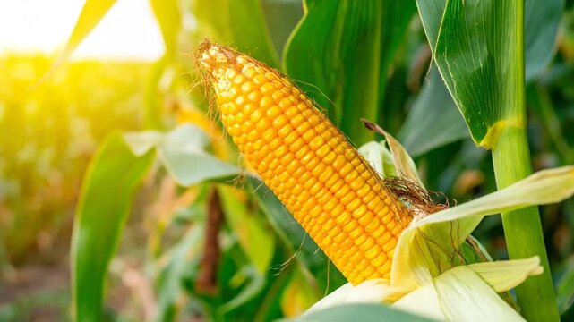 Close-up of a ripe corn cob on the stalk, surrounded by green leaves, with sunlight shining