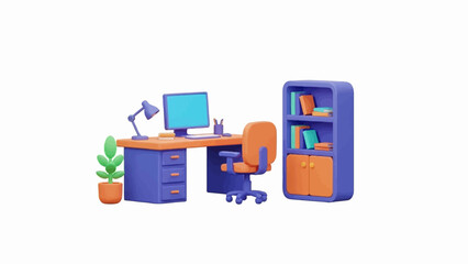 Cartoonish home office with desk, chair, computer, plant, and bookshelf