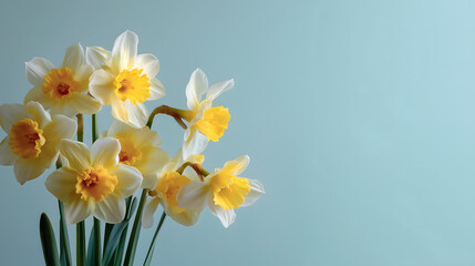 Fototapeta premium A bouquet of vibrant yellow daffodils against a soft blue background
