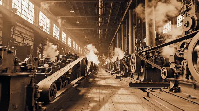 Vintage industrial factory floor with steam rising from heavy machinery. Cinematic dolly shot through a retro manufacturing plant with rotating flywheels. Industrial revolution concept