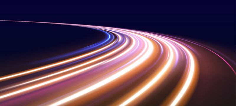 Glowing neon laser lines twist across urban road. Motion lines, yellow and blue wave energy, trail effects combine with lights showing futuristic speed and traffic flow. Vector illustration .