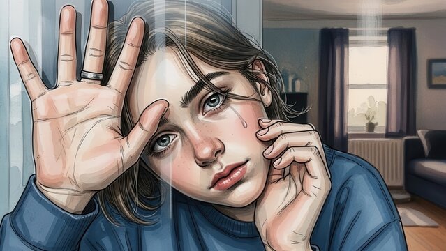 Digital portrait of a grieving young woman with a tear, hand pressed on glass, symbolizing