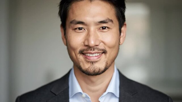 A smiling East Asian man in a suit and collared shirt