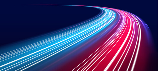 Glowing neon laser streaks flow across urban road. Motion lines, purple, blue and red energy waves, trail patterns combine with police signals showing high-speed traffic flow. Vector illustration . © Mirotvoric