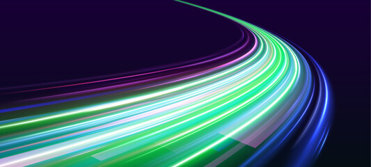 Neon laser lines twist along city highway. Motion lines, purple red wave energy, light trails blend with police lights creating dynamic futuristic traffic visuals. Vector illustration .