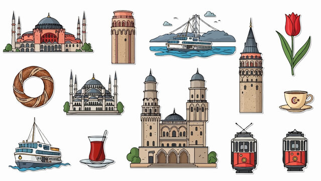 Collection of Istanbul landmarks, food, drinks, and transportation elements