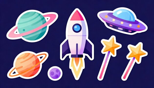 A colorful illustration featuring a rocket, planets, and UFOs, perfect for space-themed designs or children's graphics.