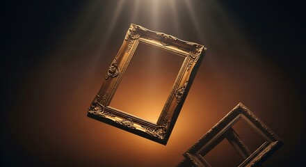 Two antique-style gold frames levitate in a dark, atmospheric void. Shimmering rays of light from above highlight the intricate baroque carvings and empty centers.