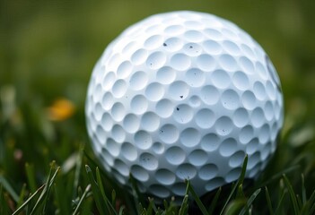 Close-up of a dimpled golf ball on green grass,  sport,  leisure
