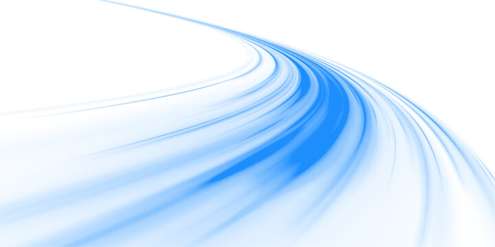 Futuristic neon laser lines ripple along city streets. Blue motion trails, energy lines, wave patterns, swirl effects, and cold wind depict high-speed traffic flow. Vector illustration PNG.