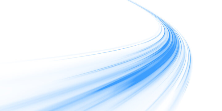 Glowing neon laser streaks flow across urban road. Motion lines, blue energy waves, trail patterns, air currents, whirlwind effects illustrate dynamic futuristic traffic speed. Vector illustration PNG