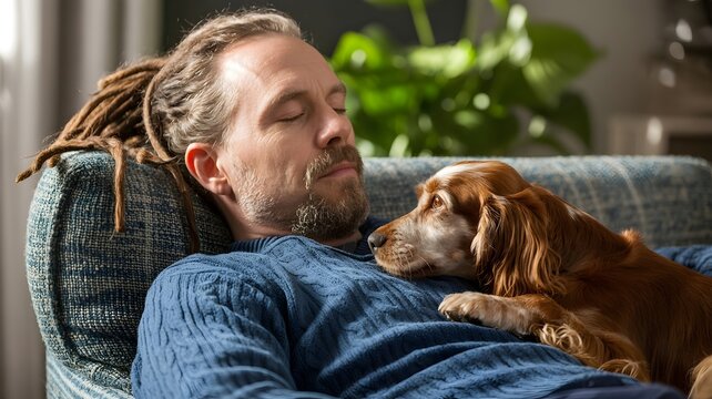 Contented Companionship: A serene moment of connection is captured as a man and his loyal dog share a moment of tranquility and affection indoors. The scene emanates a feeling of calm and warmth.
