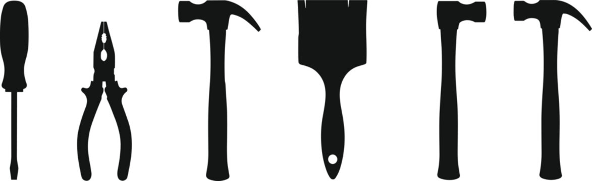 Black silhouette tool set featuring screwdriver, pliers, claw hammers and paintbrush on white background for DIY, construction, repair, and maintenance illustrations