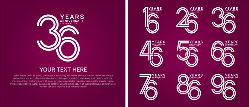 anniversary logo set multiple line style. silver color on purple background for celebration moment