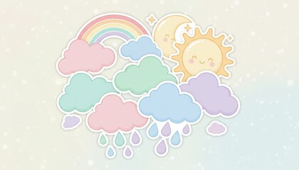 Fototapeta premium A whimsical illustration featuring colorful clouds, a rainbow, a smiling sun, and playful raindrops against a soft background.