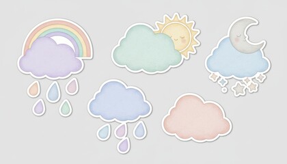Fototapeta premium A collection of whimsical, pastel-themed cloud illustrations featuring a rainbow, sun, moon, and raindrops.