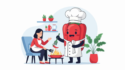Cheerful cartoon bell pepper chef cooks with a woman in a kitchen