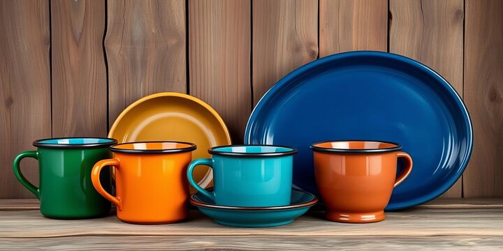 Vibrant enamelware camping mugs, plates, bowls in forest green, burnt orange, and deep blue against rustic wood backdrop,  aesthetic,  kitchenware